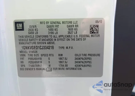 2012 Chevrolet Traverse 1Lt z USA, uszkodzony, nr VIN 1GNKVGED1CJ334218